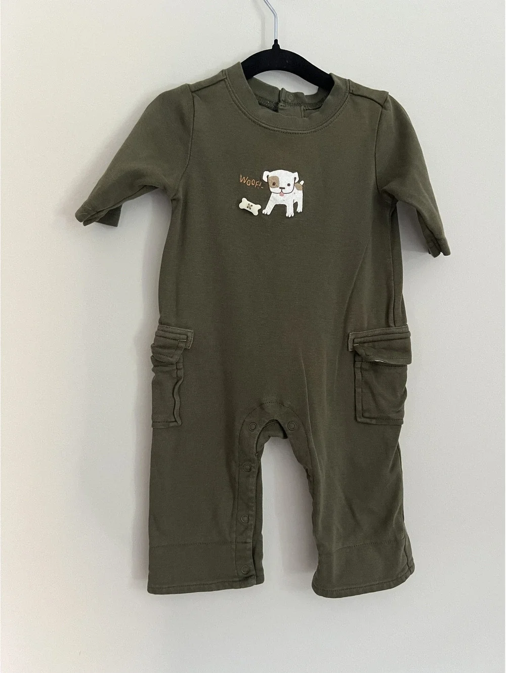 Y2K Gymboree 2007 Puppy Detail Olive Green Long Sleeve Jumpsuit